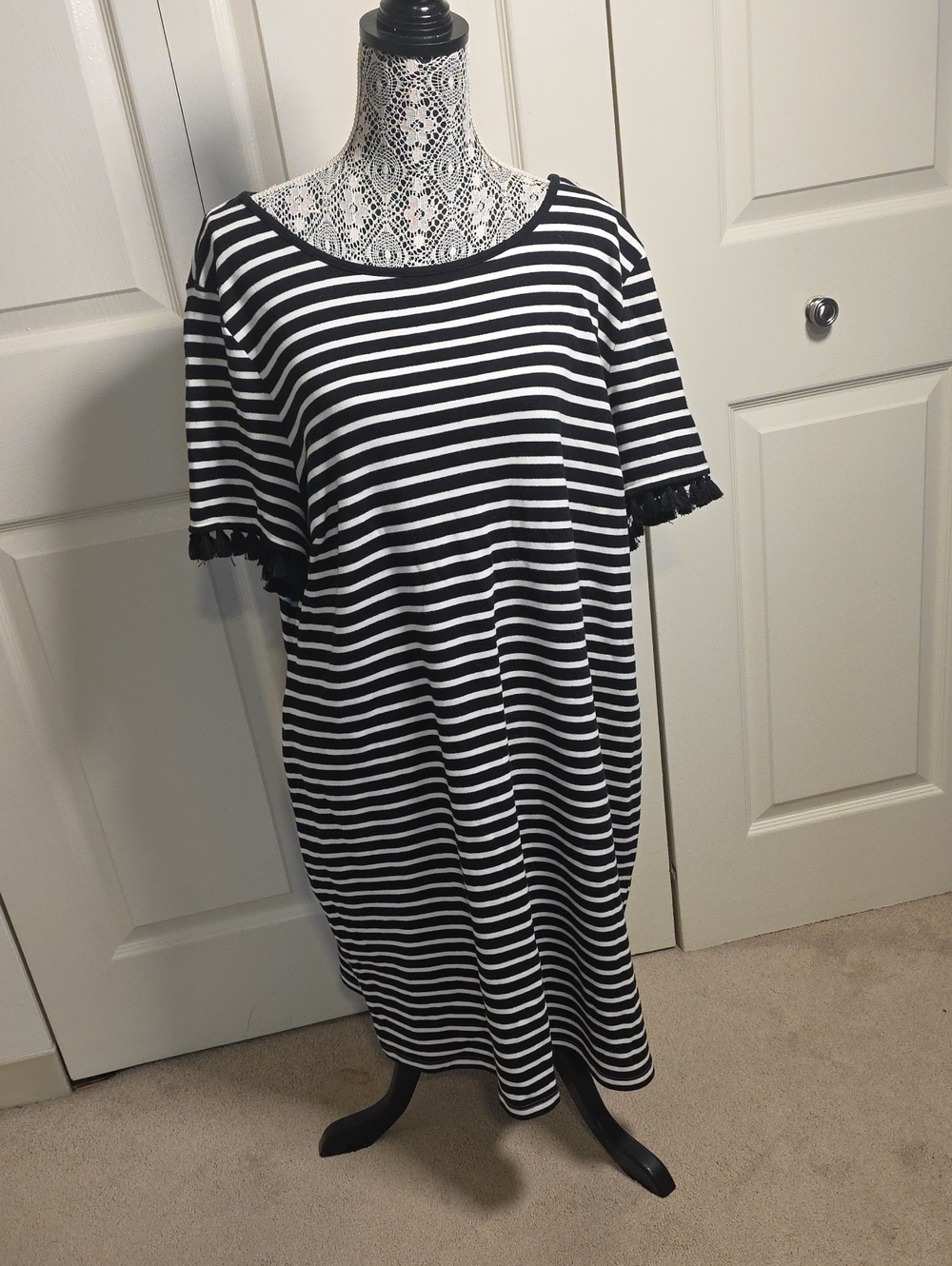 Talbots Black and White Striped Women's Dress with Fringe Trim